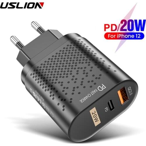 USLION PD 20W USB Fast Charger EU US UK Plug 3A QC 3.0 Charge Phone Charger For iPhone 12 Pro Max 11 Samsung Huawei Wall Charger