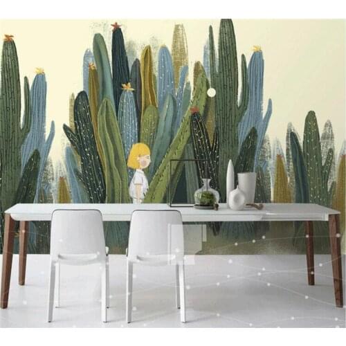 Nordic cactus bedroom wallpaper cartoon little girl plant TV wall cloth simple hand-painted American pastoral custom mural