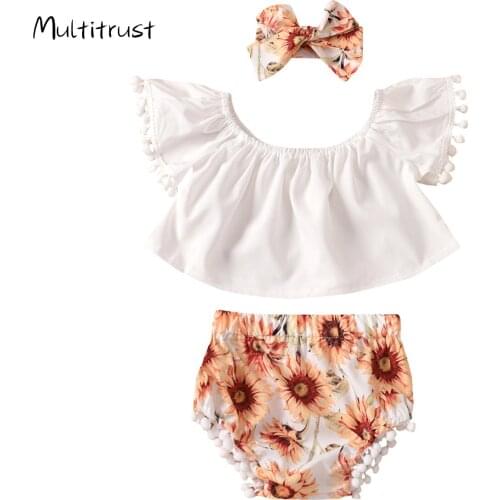 Infant Baby Girl Clothes Solid Color Short Sleece Top+ Sunflower Shorts +Headband 3pcs Outfit Tracksuit Warm Clothes