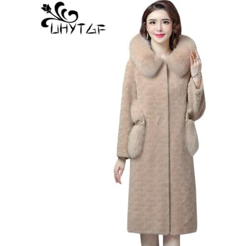 UHYTGF Autumn Winter Faux Fur Coat Women Warm Plus size Fur collar Hooded Long Coat Fur Jacket Female Outwear Plush Overcoat 657