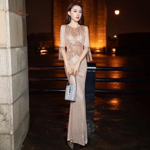 Evening Dress Tassel O-Neck Half Sleeves Elegant Floor-Length Sequins Mermaid Zipper Back Plus size Women Formal Party Gown C865