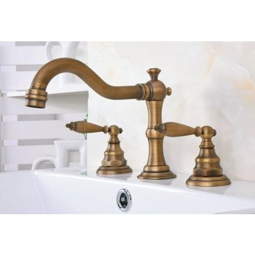 Vintage Retro Antique Brass Deck Mounted Dual Handles Widespread Bathroom 3 Holes Basin Faucet Mixer Water Taps man075
