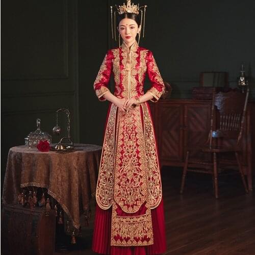 Stylish Embroidery High-quality Formal Banquet Costume Red Wedding Dress Suit Satin Vintage Cheongsam Classic китайское платье