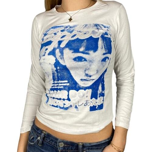 Women Long-sleeved T-shirt with Female Head Pattern Street Style Skinny Fit Sexy Navel Clothing High Street Fashion Casual Style