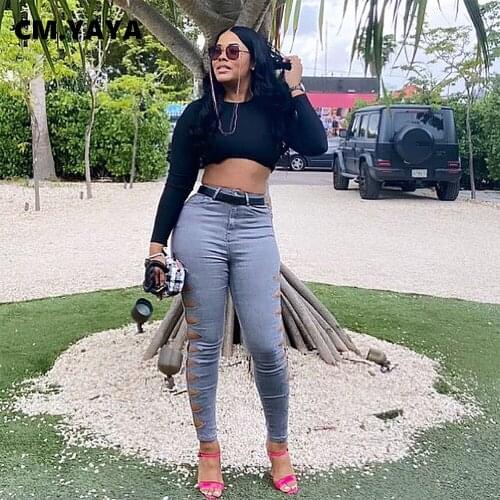 CM.YAYA Women Jeans Solid Zip Mid Waist Hole Stretchy Skinny Bodycon Pencil Denim Pants Fashion High Streetwear Summer Trousers