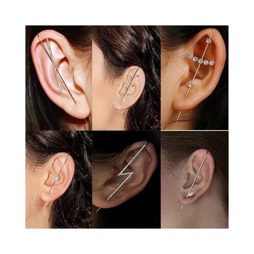 New Ear Needle Wrap Crawler Hook Earrings for Women Surround Auricle Diagonal Stud Copper Inlaid Zircon Piercing Earrings