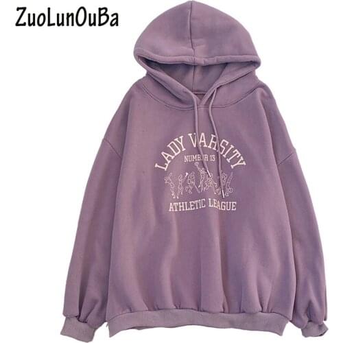 ZuoLunOuBa Ladies Sweatshirt Purple Lady Varsity Winter Fleece Long Sleeve Loose Pullover Women Hoodies