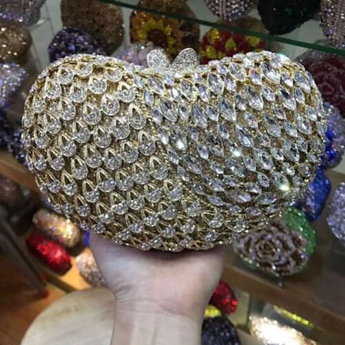 Gold silver Heart-shaped Womens Prom Party Clutch Purses wedding Crystal Diamond Rhinestones Evening bag Ladies Bridal Handbags