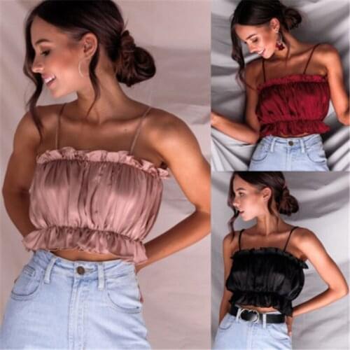 2019 Fashion Pleated Women Sling Tanks Camis Casual Sexy Sleeveless V-Neck Shirt Female Tops Casual Black Red Pink Women Tank