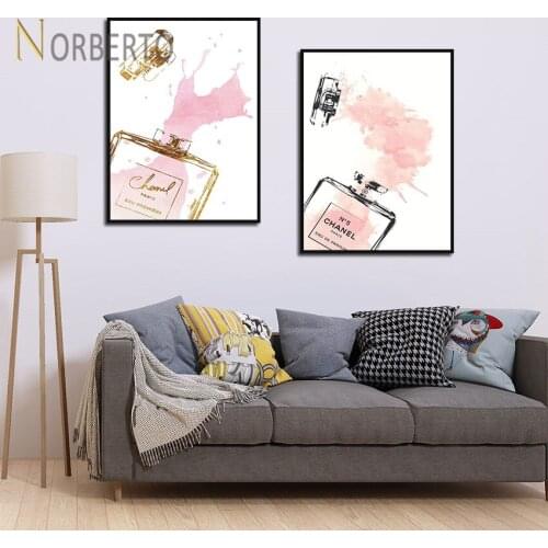 Modern Style Canvas Painting Poster Print Abstract Pink Watercolor Perfume Bottle for Living Room Bedroom Gallery Wall Decorati