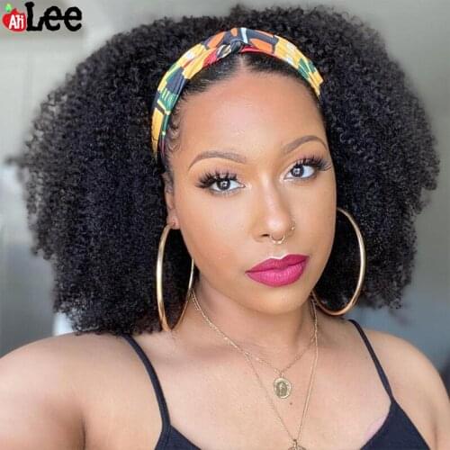 AliLee Kinky Curly Headband Wig With Scarf Malaysian Afro Curly Human Hair Wig Changable Scarf Glueless Wig For Black Women
