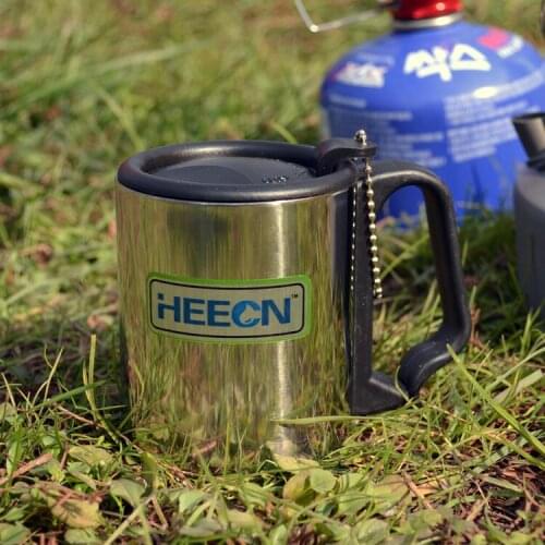 Free shiping camping mug Heecn outdoor stainless steel cup hiking buckle cup compass rotating cover 220ml