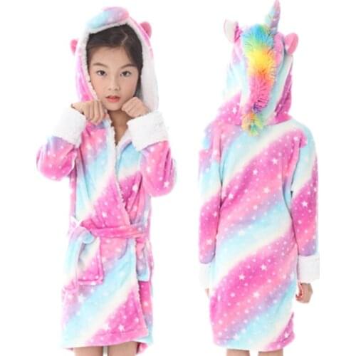 Childrens Rainbow Flannel Bathrobe Cartoon Pajamas HoodedZQ137