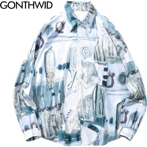 GONTHWID Vintage Egypt Painting Print Long Sleeve Dress Shirts Men Harajuku Hip Hop Casual Button Down Shirt Streetwear Tops
