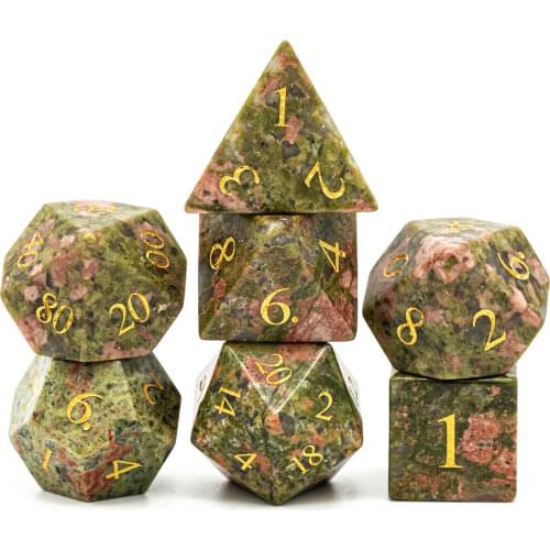 Cusdie Set of 7 Handmade Unakite Stone Dice, 16mm Polyhedral Stone Dice Set with Leather Box, DND Dices for Collection