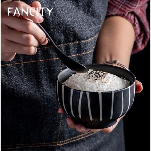 FANCITY Creative and simple rice bowl, black frosted ceramic bowl, household deep plate, round plate, snack plate