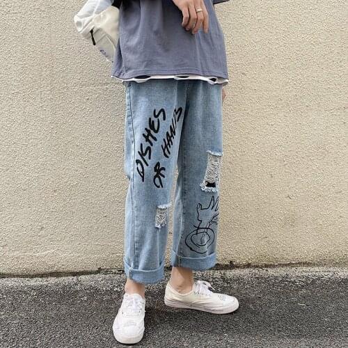 Korean Streetwear Harajuku Letter Printed Men Jeans Hip Hop Reflective Hole Man Loose Denim Pants 2021 Male Baggy Trousers