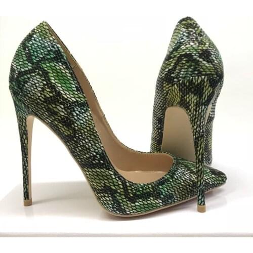 12cm Women Shoes Pointed Toe Sexy Snake Pattern Pumps Dress 10cm High Heels Boat Shoes Wedding Plus Size 45 YG037 CHENSIR9