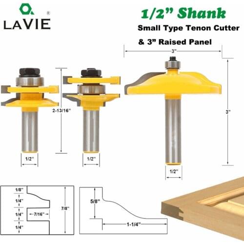 3pcs 12MM 1/2 Shank Small Rail and Stile Ogee Router Bits Set Tenon Cutters 3" Panel Cabinet Door for Wood Machine Tool 03134