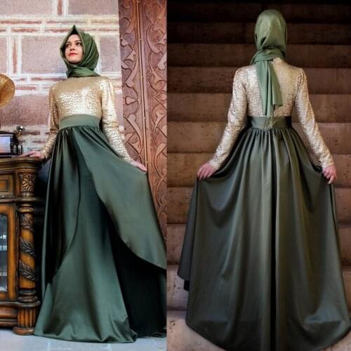 2015 New Fashion Long Sleeve Muslim Kaftans Evening Dresses Dubai Sequin Women Malaysia Muslims Abaya Dresses 2 Colors ZED77