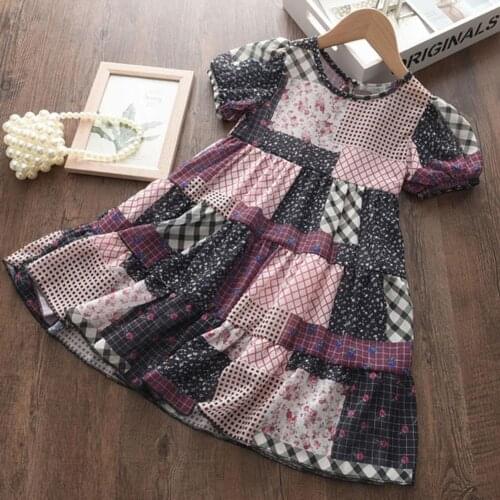 New Summer Girl Dress 3-7T Short Sleeve Wide Hem Children Girls Round Neck High Waist Dresses Baby Clothes for Outdoor