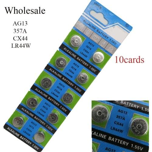 Wholesale 10cards(10PCS/lot =1cards ) AG13 CX44 LR44W 357A Lithium Button Coin Cell Battery Batteries 1.55V Alkaline Battery