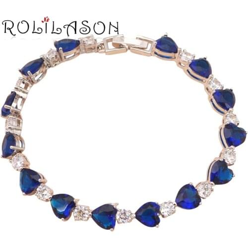 ROLILASON Heart shaped navy blue zircon silver chain bracelet wedding item for lady fashion women jewelry TB534