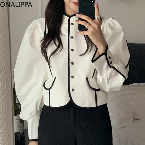 ONALIPPA Female Jacket Autumn French Stand-Up Collar Bordered Lines Contrasting Design Single-Breasted Loose Puff Sleeve Coat