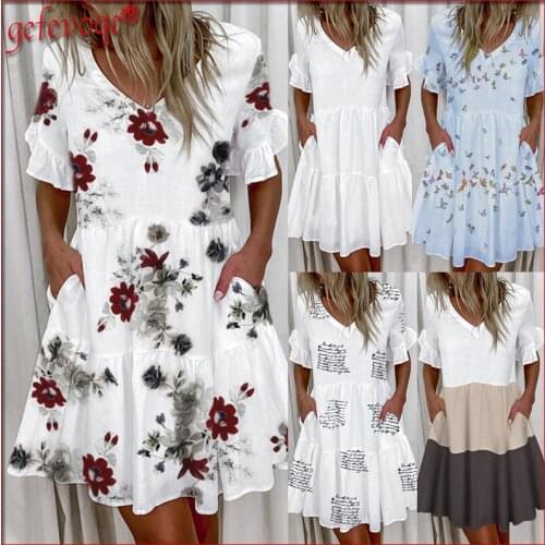 Women Dresses 2021 Summer Casual Short Sleeve Print Ruffle Loose Plus Size Beach A-line Mini Dress Vestidos De Verano Robe Femme
