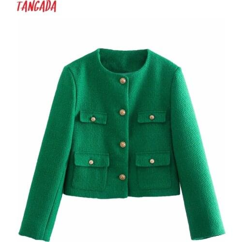 Tangada Women 2021 Fashion Green Tweed Crop Blazer Coat Vintage Long Sleeve Female Outerwear 8Y194