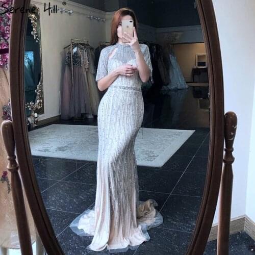 Serene Hill Champagne Luxury Beaded Tassels Evening Gown 2021 Short Sleeves Sexy Split For Women Formal Party Dress CLA70054