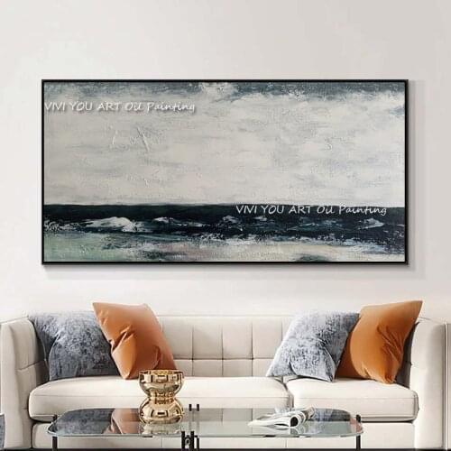 100% Handmade Large Size Blue Sea Beach Canvas 100% Handmade Sand Seascape Ocean Grey Picture Painting Large Wall Art Gift