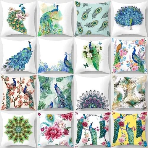 1Pcs Colorful Peacock Feather Polyester Cushion Cover Decorative Pillow For Sofa Seat Car Waist Cojines Home Decor 45*45cm 40826