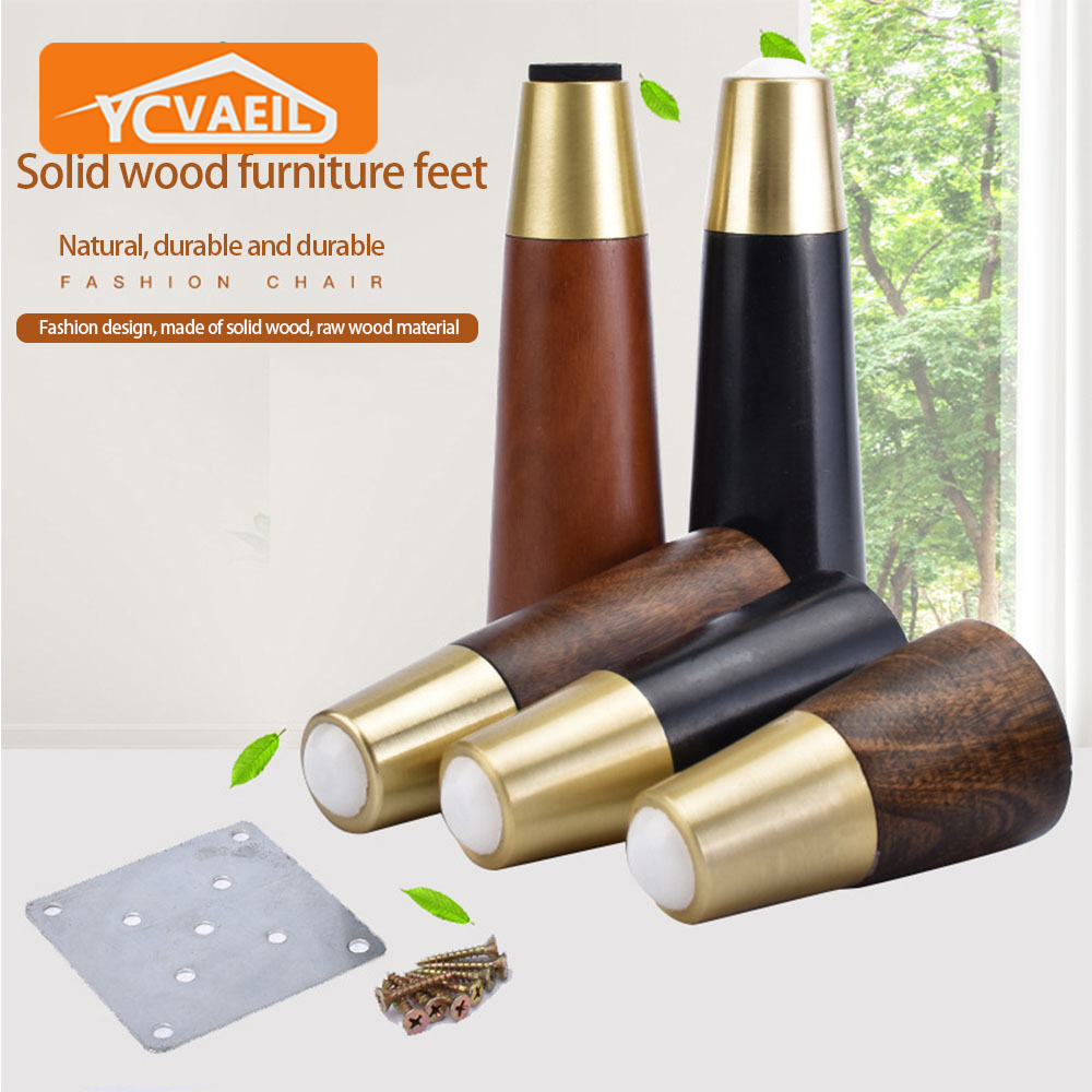 4PCS Natural Wood Furniture Legs Brass Covers Classic Nordic American Sofa Accessory European Furniture Parts Iron Plate Screws