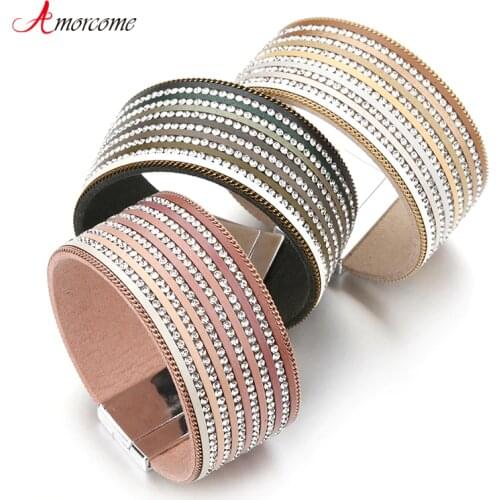 Amorcome Shiny 6 Rows Rhinestone Gradient Color Leather Bracelets for Women Boho Wide Wrap Bracelets Bangles Female Jewelry Gift