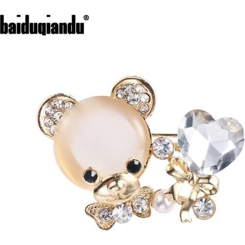 Baiduqiandu 2020 New Arrival Opal Stone Heart and Bear Brooch Pin for Women Clothing Accessories