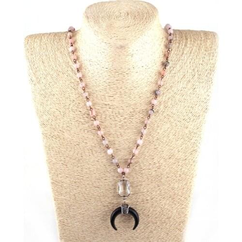 Free Shipping Fashion Bohemian Tribal Jewelry Pink Stone Rosary Chain White Crystal link black Ox Horn Pendant Ethnic Necklace