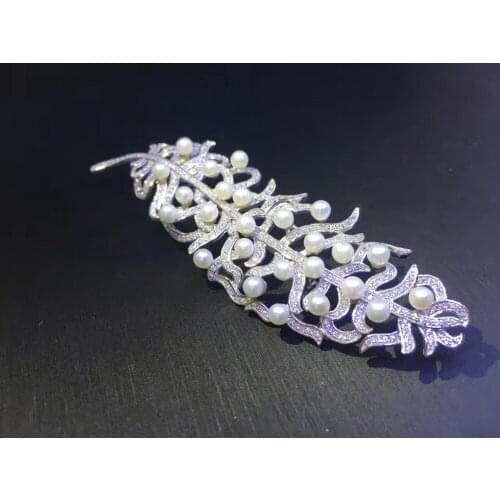 3-4MM natural fresh water pearl feather brooch pins and pendant double use 925 sterling silver blingbling fine women jewelry