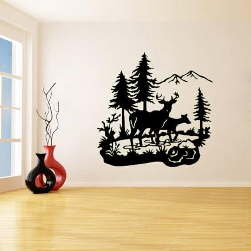 Wildlife Buck & Deer In Pond Wall Stickers for Nursery Kids Boys Bedroom Playroom Vinyl Decals Living Room Art Decor K211