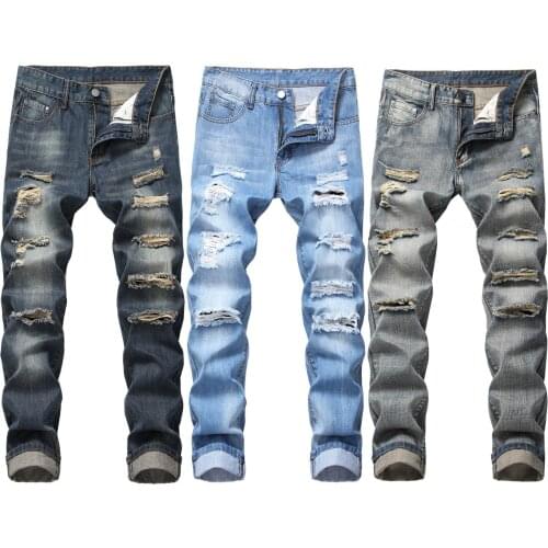 Mens Wear Holes Directly Canister Nothing Elastic Jeans Junk Man Trousers Hole Washed Casual Skinny Denim Jean for Man