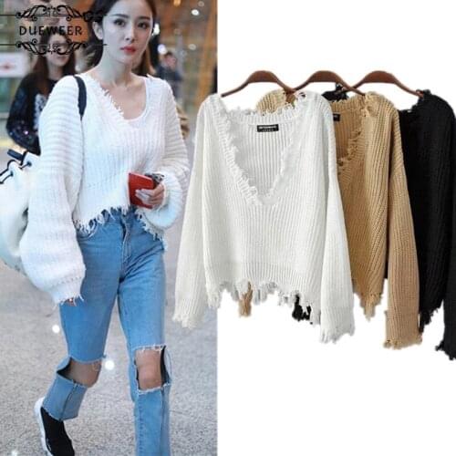 Dueweer Pullovers Women V-Neck Tassel Knitted Pullover Womens Long Sleeve Trendy All-match Simple Loose Chic European Style