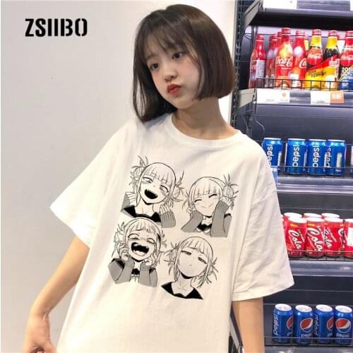 Himiko Toga Cartoon Printed Letter Tee Harajuku Summer Tops Japanese Loose Short Sleeve Female Fun Punk Vintage Ulzzang T-Shirt