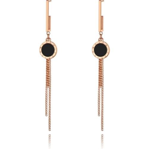 Titanium Stainless Steel Black Acrylic Roman Numerals Tassel Earrings Trendy Bohemia Dangle Earrings For Women E19255