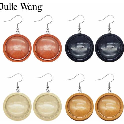 Julie Wang 25mm Wood Cabochon Base Settings Glass Cabochon Stainless Steel Ear Hooks Blank Tray Earring Jewelry Making Accessory