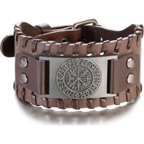 Classic Viking Braided Wrap Leather Bracelets For Men Vintage Charm Bracelets Compass Alloy Ethnic Tribal Wristbands