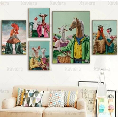 Creative Canvas Painting Chicken Pig Cow Horse Sheep Animal Head Farmer Abstract Art Modern Poster and Print Living Room Decor
