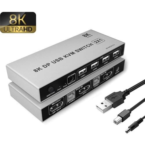 DP USB KVM Switch 2x1 4K 8K 60HZ DP KVM switch Displayport 2 in 1 out For two hosts to share monitor mouse keyboard printer