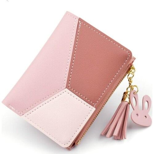 New Wallet Short Women Zipper Wallet Female Student Color Matching Pink Rabbit Tassel Wild Black Wallet Card Package Card Holder