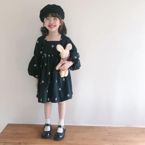 Autumn Spring Girl Print Princess Dress square neck puff sleeve Long Sleeve Wedding Party Dress Koreaon Children Kids Clothes