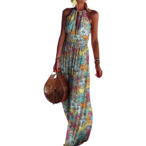 Fashion Boho Floral Print Long Party Dress Women Elegant Halter Sleeveless Maxi Dress 2021 Summer Backless Hollow Out Dresses